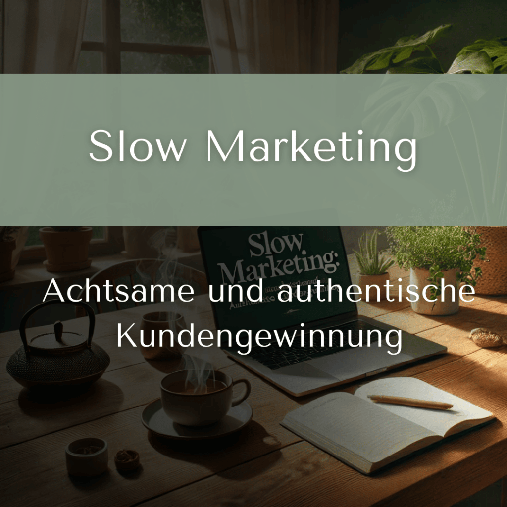 "Ein harmonisches Bild, das den Ansatz von Slow Marketing visualisiert: Ein minimalistischer Arbeitsplatz mit einem hölzernen Schreibtisch, einem Laptop, einer Tasse Tee und einem Notizbuch. Umgeben von grünen Pflanzen und sanftem Sonnenlicht vermittelt die Szene Ruhe, Authentizität und achtsame Geschäftspraktiken. Dieses Bild wurde mit KI erstellt